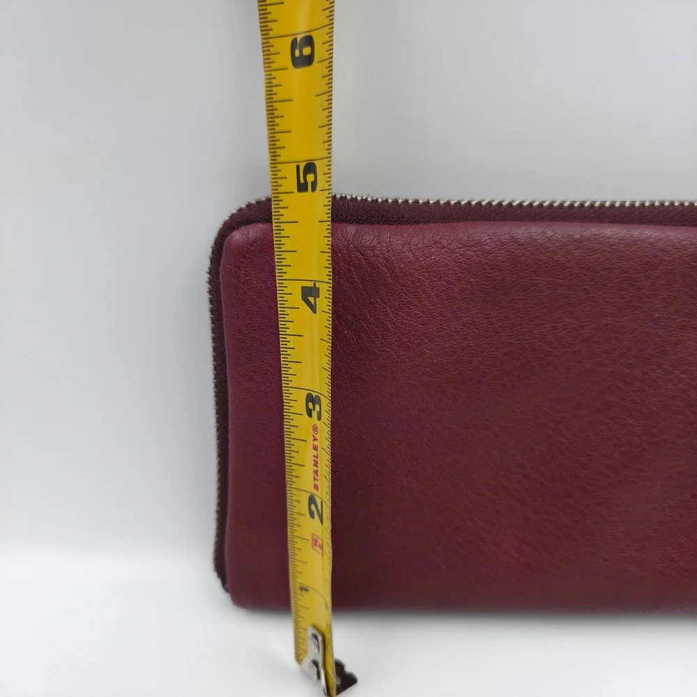 Perlina New York Burgundy Leather Zip Around Wallet Leopard Print Interior